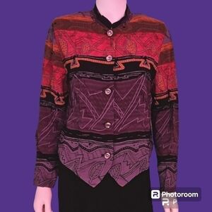 VTG Southwestern Tuxedo Mandarin Collar Button Down Long Sleeve Shirt Large